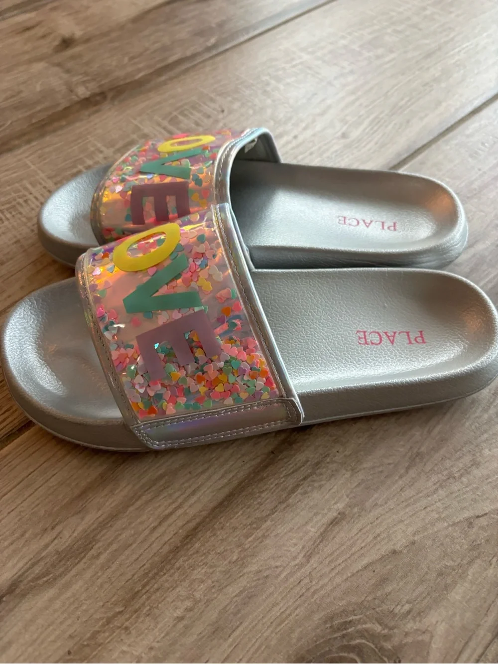 Place Girls' Silver Slide Sandals with Multicolor 'LOVE' Glitter Strap
